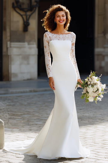 White Chiffon Mermaid Long Sleeves Sweep Train Wedding Dress with Lace
